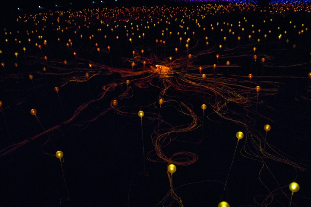 Zahlreiche leuchtende Lichter erstrecken sich über ein dunkles Feld.